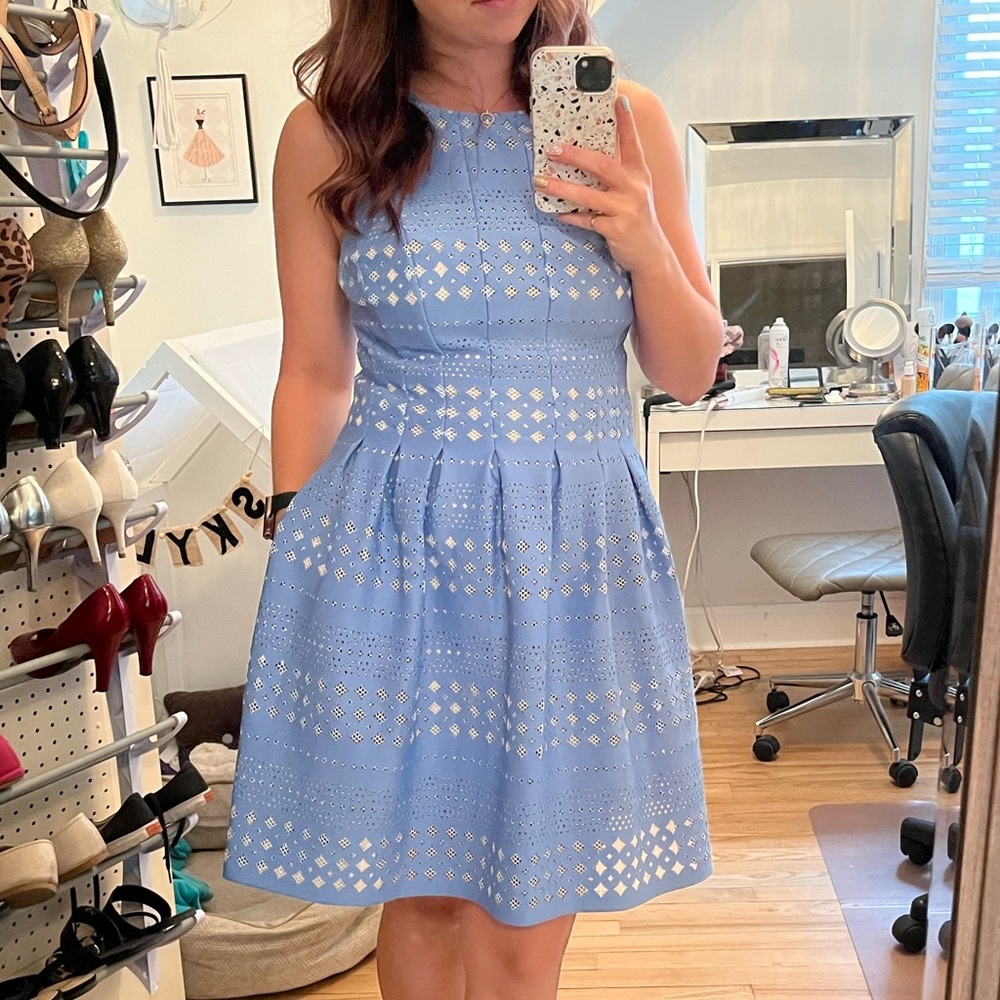 Eliza J Blue And White Peep Lace Dress POCKETS​